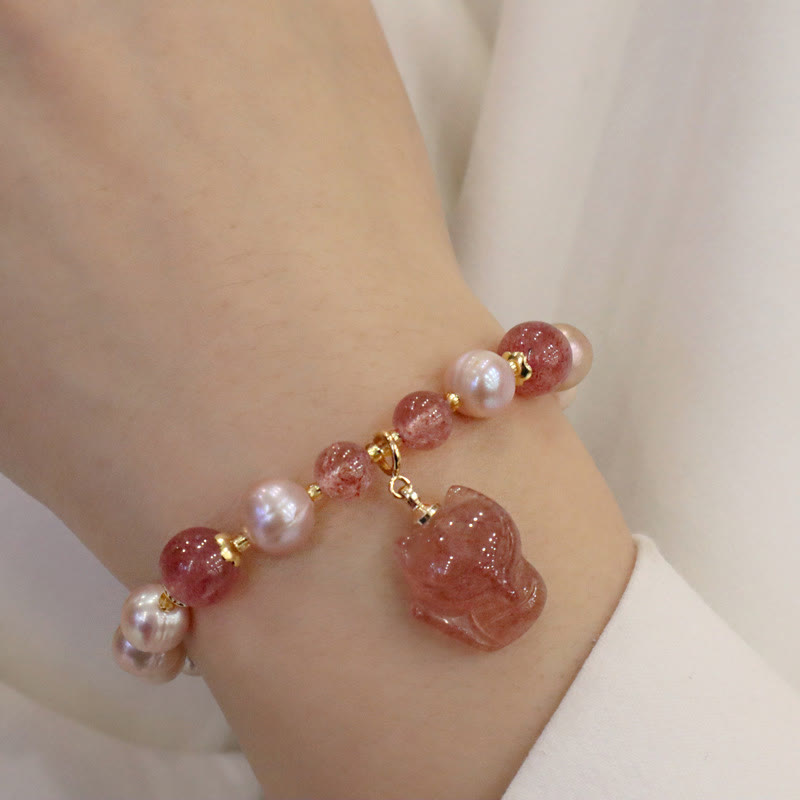 Nimara Ritual Natural Pearl Strawberry Quartz Cute Fox Love Healing Charm Bracelet