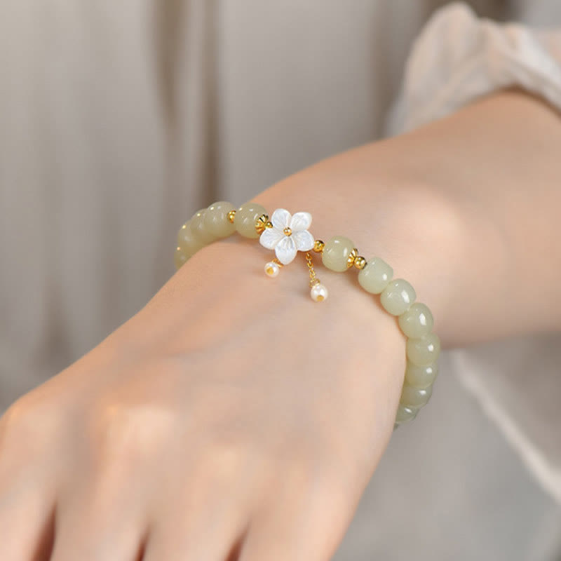 Nimara Ritual 925 Sterling Silver Natural Hetian Jade Luck Flower Bracelet