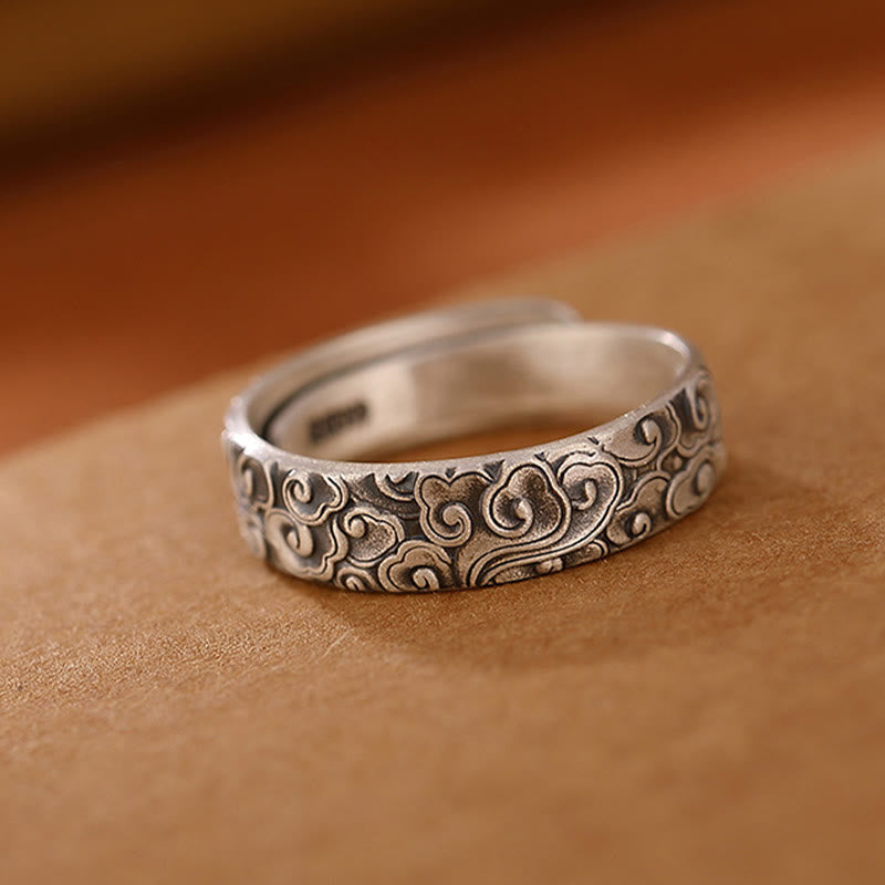 Nimara Ritual 999 Sterling Silver Lotus Flower Plum Blossom Auspicious Clouds Engraved Enlightenment Ring