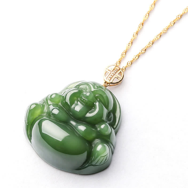 Nimara Ritual 925 Sterling Silver Laughing Buddha Hetian Cyan Jade 18K Gold Success Necklace Chain Pendant