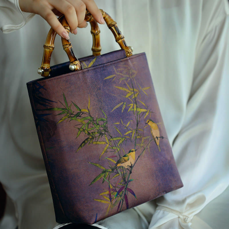 Nimara Ritual Purple Magpie Birds Branches Bamboo Handles Handbag