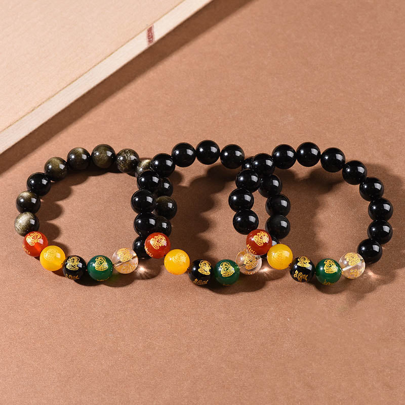 Nimara Ritual Gold Sheen Obsidian Rainbow Obsidian Black Obsidian Five Directions Gods of Wealth Bracelet