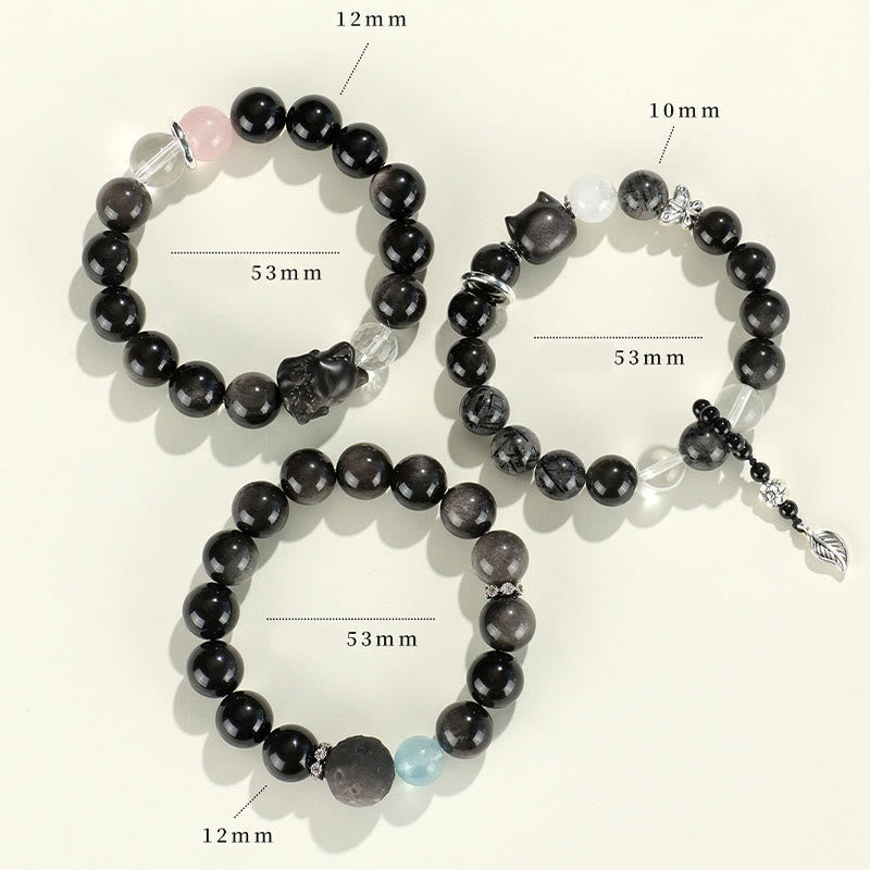 Nimara Ritual Natural Silver Sheen Obsidian Cat Head Fox Planet Protection Bracelet