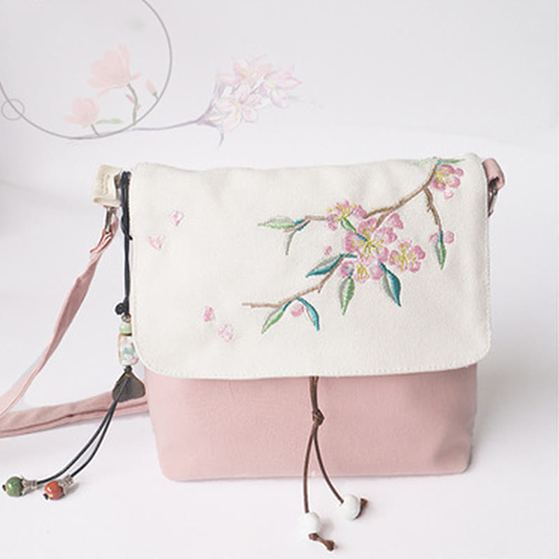 Nimara Ritual Handmade Embroidered Plum Flowers Canvas Crossbody Bag Shoulder Bag Handbag