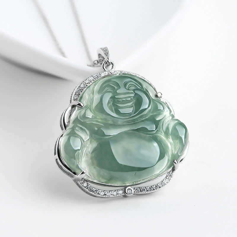 Nimara Ritual Laughing Buddha Natural Jade Luck Necklace Titanium Steel Chain Pendant