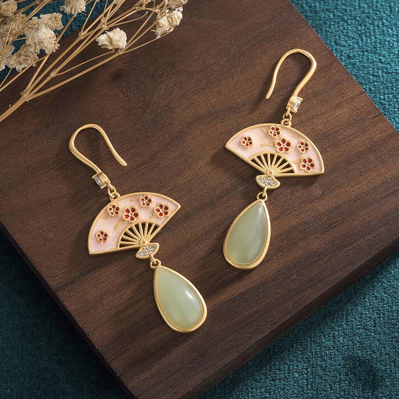 Nimara Ritual Natural Green Aventurine Fan Pattern Luck Drop Earrings