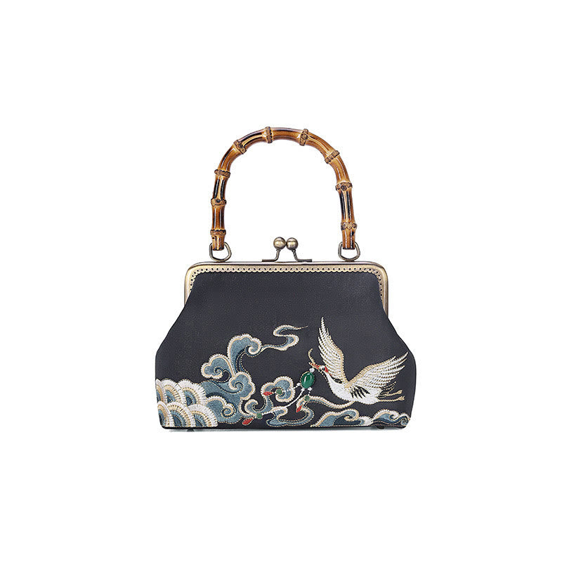 Nimara Ritual Auspicious Clouds Cranes Embroidery Bamboo Handle Handbag Crossbody Bag