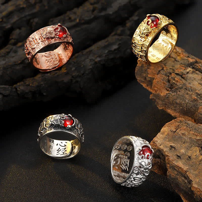 Nimara Ritual FengShui PiXiu Red Garnet Heart Sutra Wealth Ring