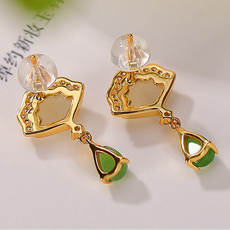 Nimara Ritual White Jade Cyan Jade Fan Water Drop Pattern Luck Drop Earrings
