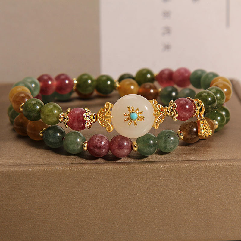 Nimara Ritual Natural Multicolored Tourmaline Positive Jade Flower Double Wrap Bracelet