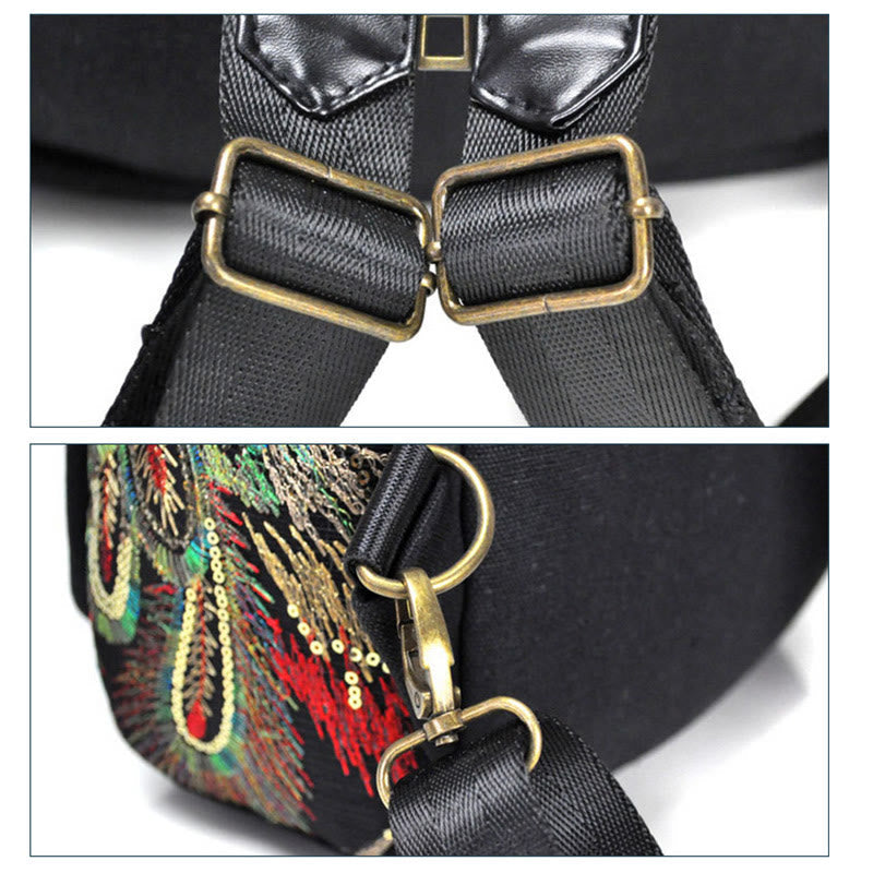 Nimara Ritual Peacock Embroidery Canvas Tassel Backpack
