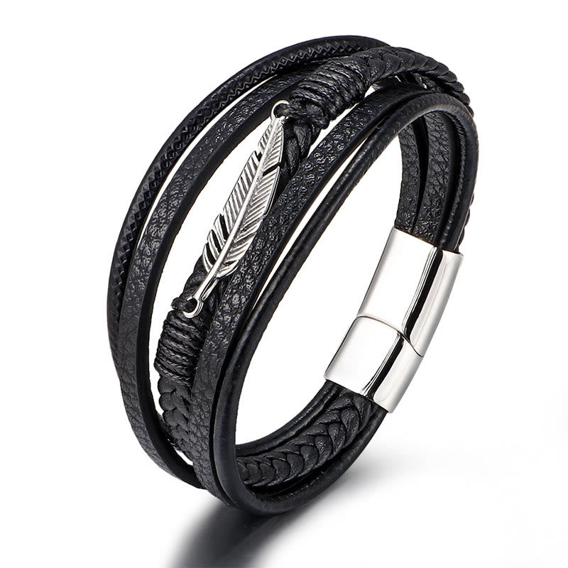 Nimara Ritual Feather Pattern Multilayer Leather Titanium Steel Calm Braided Magnetic Buckle Bracelet