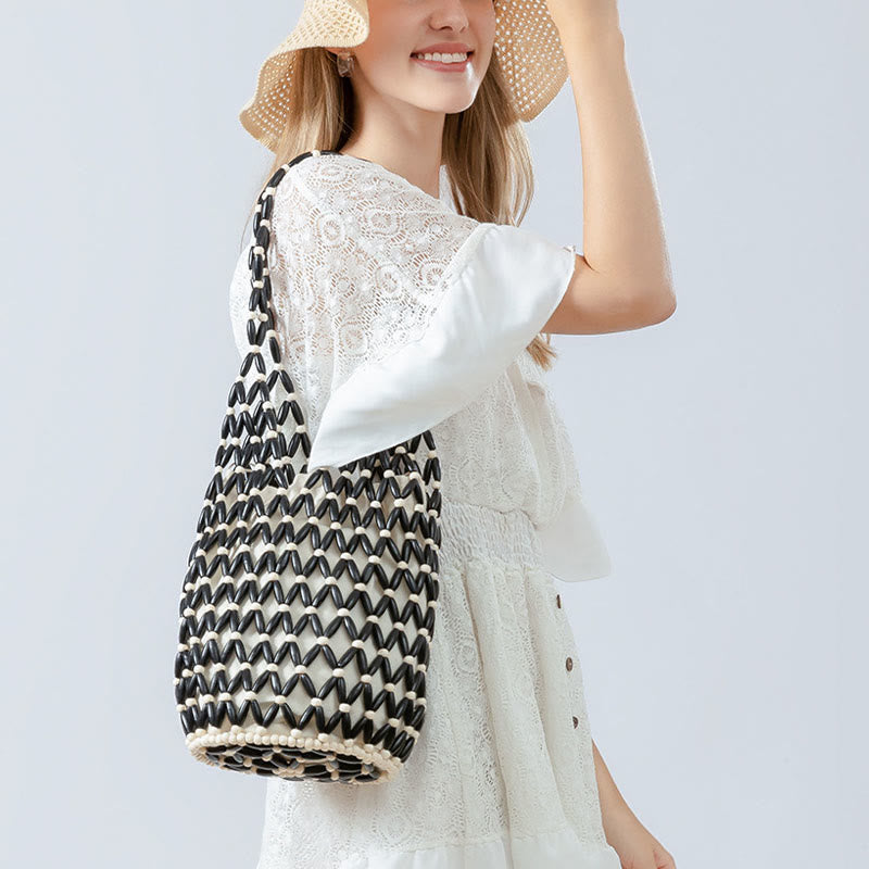 Nimara Ritual Hand-woven Wooden Beads Bucket Shoulder Bag Handbag