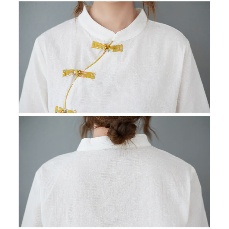 Nimara Ritual Floral Pattern Frog-Button Half Sleeve Cotton Linen Shirt