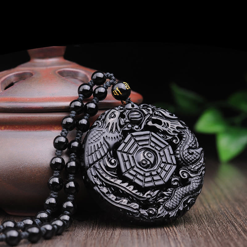 Nimara Ritual Bagua Dragon Phoenix Obsidian Fulfilment Pendant Necklace