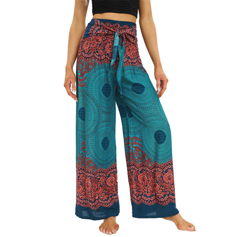 Nimara Ritual Bohemian Compass Flower Print Lace-up Wide Leg Pants Women's Yoga Pants