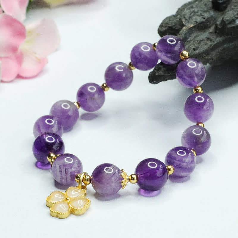 Nimara Ritual Natural Amethyst Crystal Inner Peace Four Leaf Clover Charm Bracelet