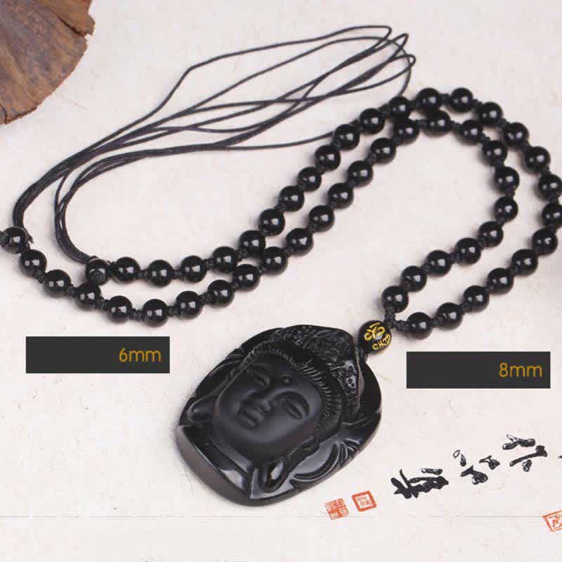 Nimara Ritual Natural Black Obsidian Kwan Yin Avalokitesvara Strength String Necklace Pendant