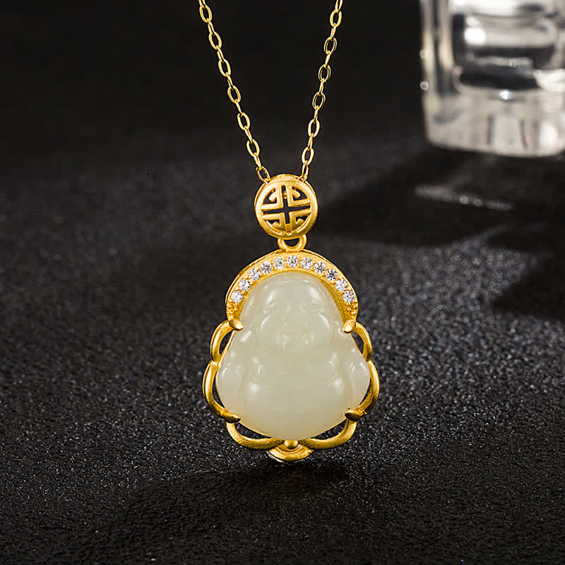 Nimara Ritual 925 Sterling Silver Laughing Buddha Hetian White Jade Protection Necklace Pendant