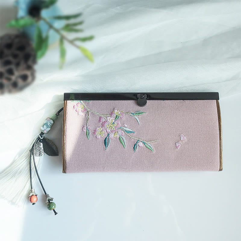 Nimara Ritual Flower Plum Peach Blossom Bamboo Double-sided Embroidery Large Capacity Cash Holder Wallet Shopping Purse