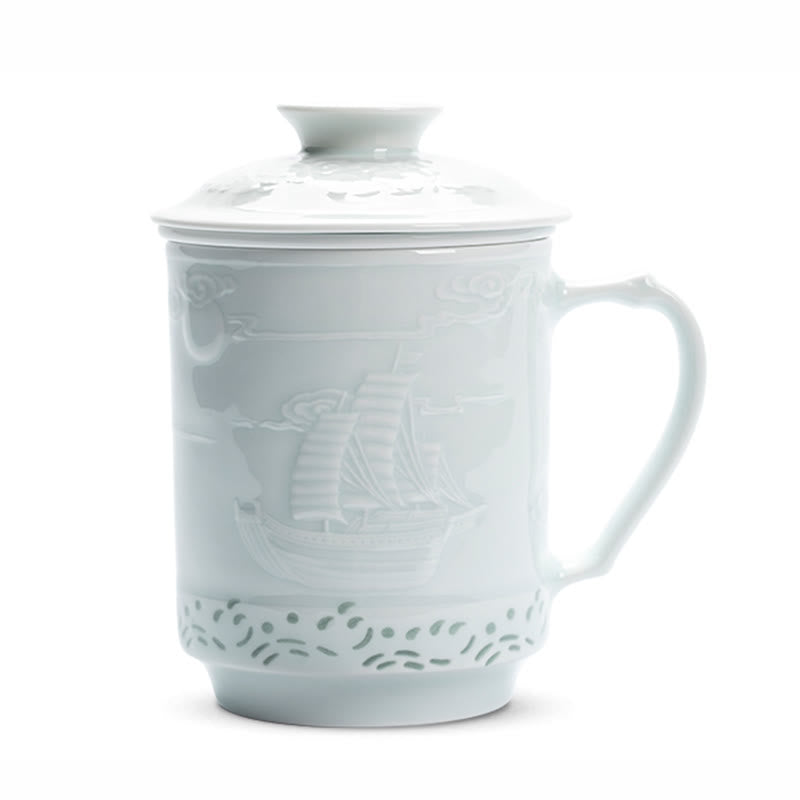 Nimara Ritual Jingdezhen Linglong Porcelain Auspicious Dragon Phoenix Boat Smooth Sailing Ceramic Teacup Office Tea Cups 420ml