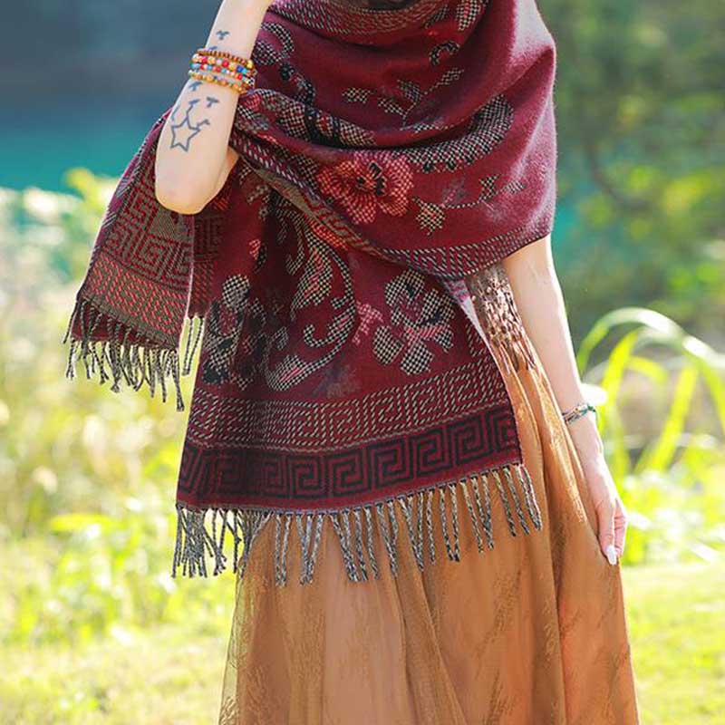 Nimara Ritual Tibetan Flowers Leaves Pattern Design Shawl Cozy Travel Scarf Wrap