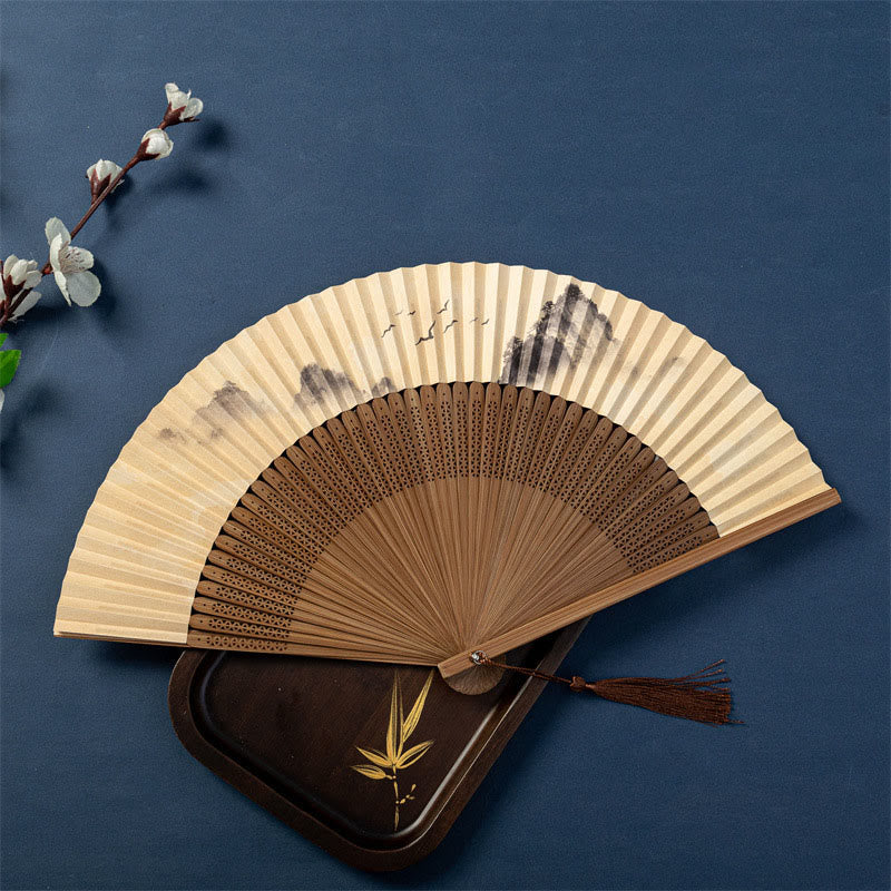 Nimara Ritual Lotus Dragonfly Wild Geese Plum Blossom Handheld Silk Bamboo Folding Fan 22.5cm