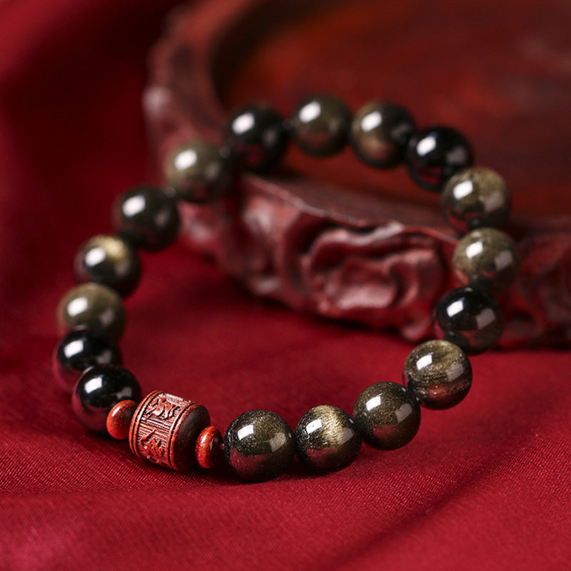 Nimara Ritual Natural Gold Sheen Obsidian Rainbow Obsidian Om Mani Padme Hum Fu Character Healing Bracelet