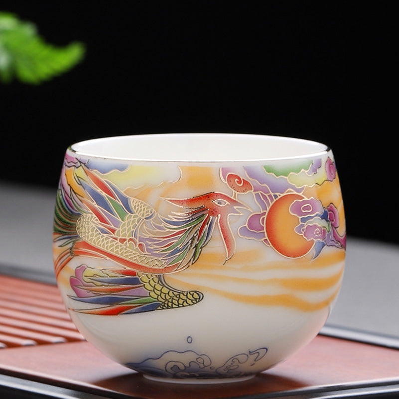 Nimara Ritual Dragon Phoenix Auspicious Clouds Sun Ocean Waves Ceramic Teacup Kung Fu Tea Cup