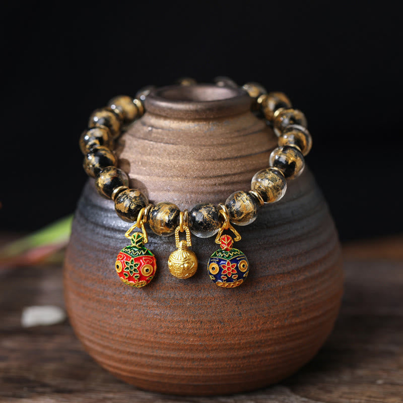 Nimara Ritual Gold Swallowing Beast Family Charm Gold Silver Foil Liuli Glass Bead Blessings Bracelet
