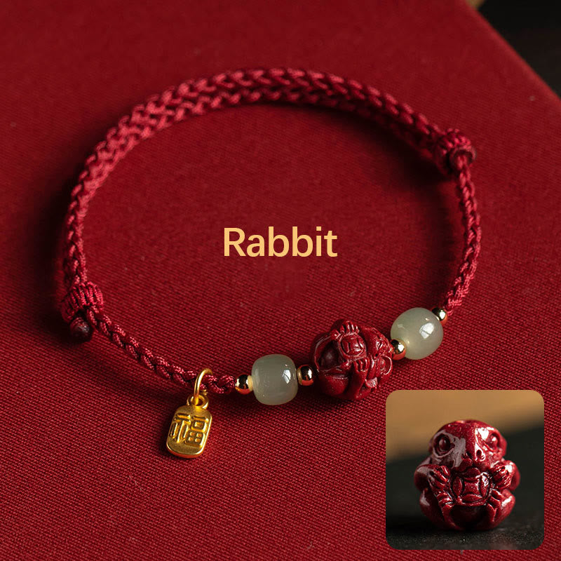 Nimara Ritual Natural Cinnabar Chinese Zodiac Hetian Jade Fu Character Luck Rope Bracelet