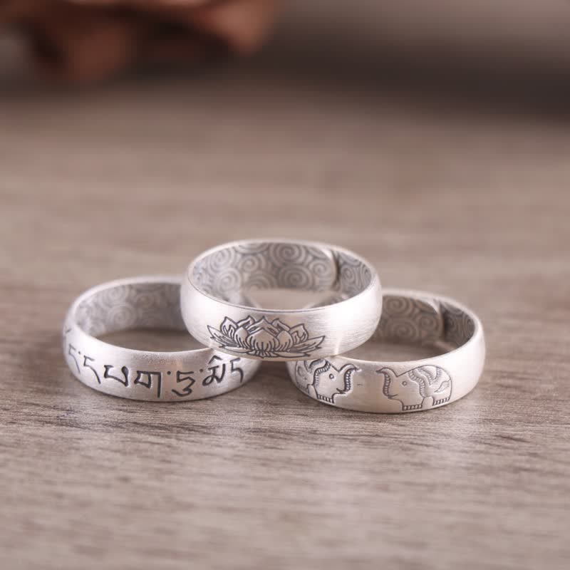 Nimara Ritual 999 Sterling Silver Lotus Elephant Six True Words Blessing Ring
