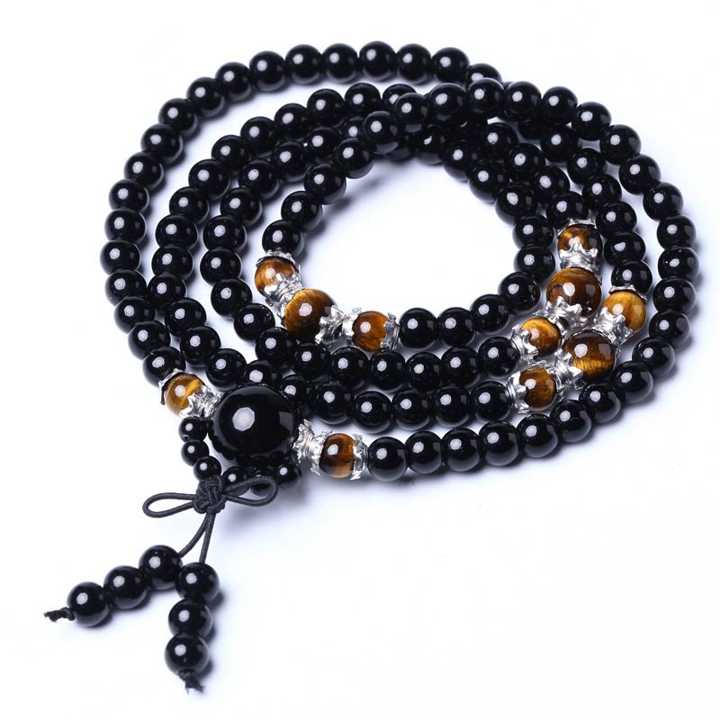 Nimara Ritual 108 Beads Natural Black Obsidian Tiger Eye Mala Bracelet