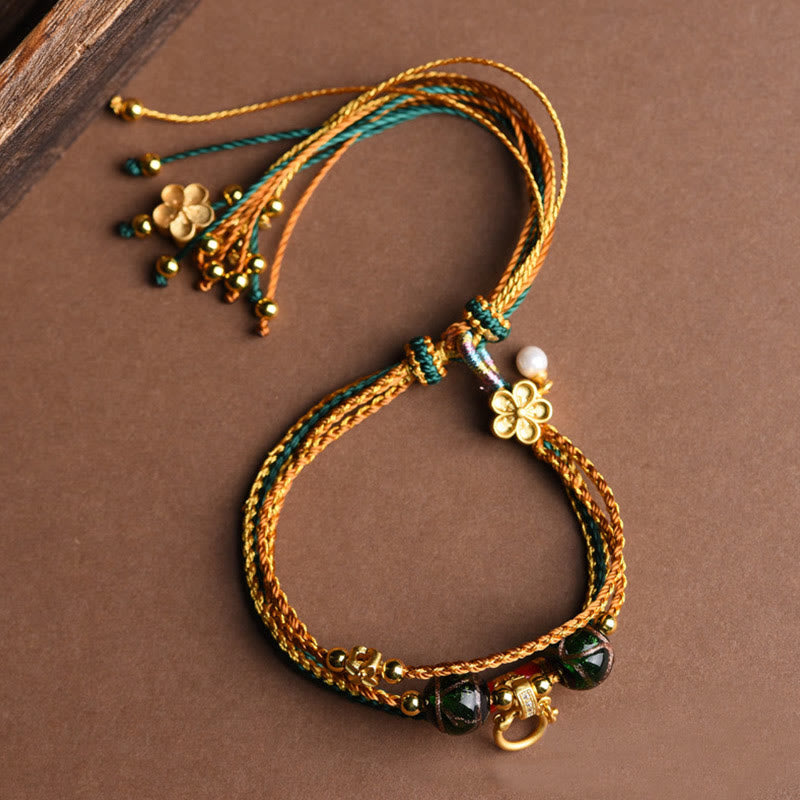 Nimara Ritual Tibetan Handmade Rope Liuli Glass Bead Braided Multilayered Healing Bracelet