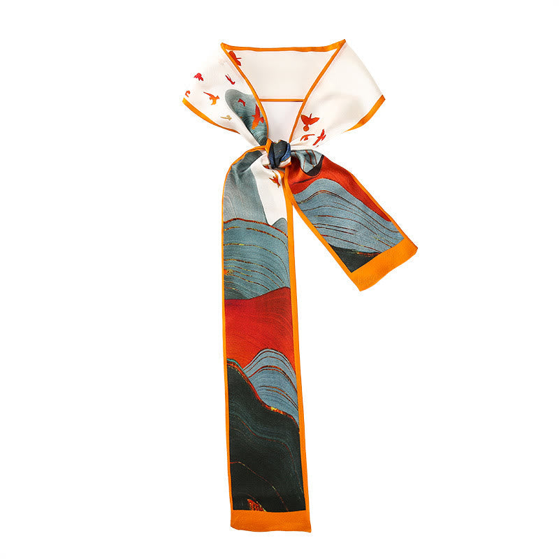 Nimara Ritual Dunhuang Frescoes Mountains Sunset Floral Pattern 100% Mulberry Twilly Silk Neck Hair Scarf
