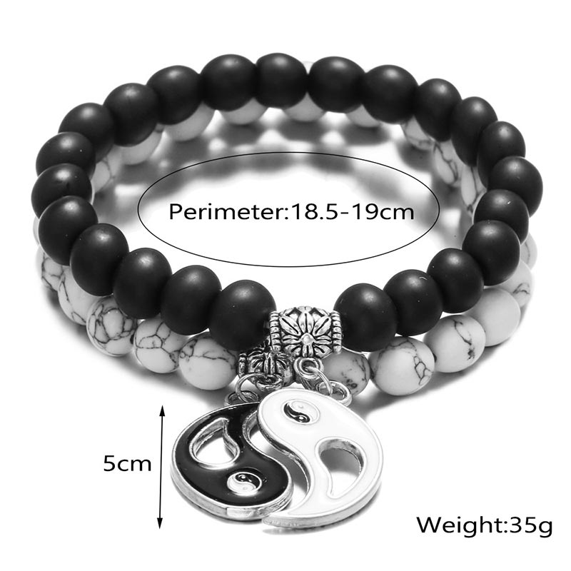 Nimara Ritual 2pcs Natural Black Onyx White Turquoise Bead Yin Yang Couple Bracelet