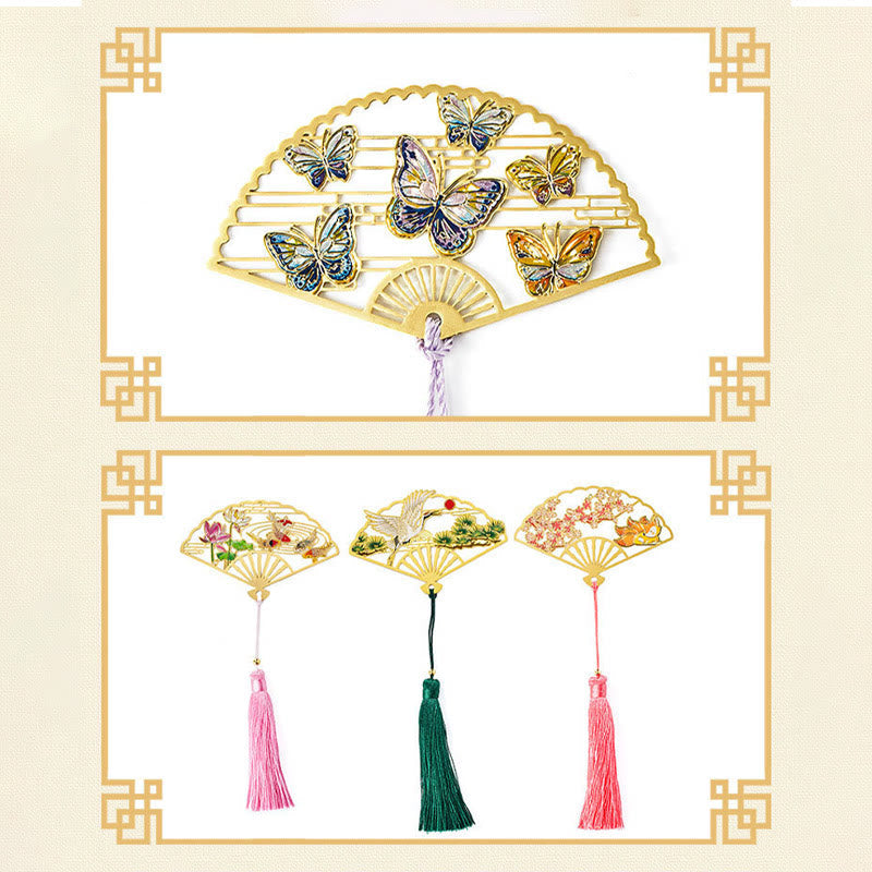 Nimara Ritual Traditional Butterfly Lotus Flower Crane Dragon Phoenix Fox Koi Fish New Beginning Metal Brass Hollow Fan Bookmarks