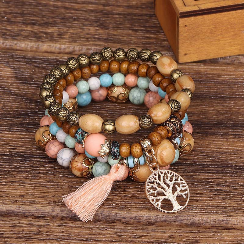 Nimara Ritual Wenge Wood Layered Tree Tassel Healing Bracelet