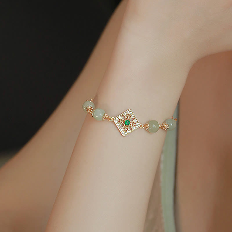 Nimara Ritual Natural Hetian Jade Bead Square Pattern Luck Chain Bracelet