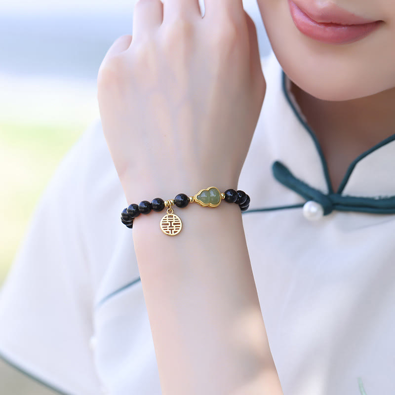Nimara Ritual Natural Black Obsidian Hetian Jade Gourd Double Happiness Strength Bracelet