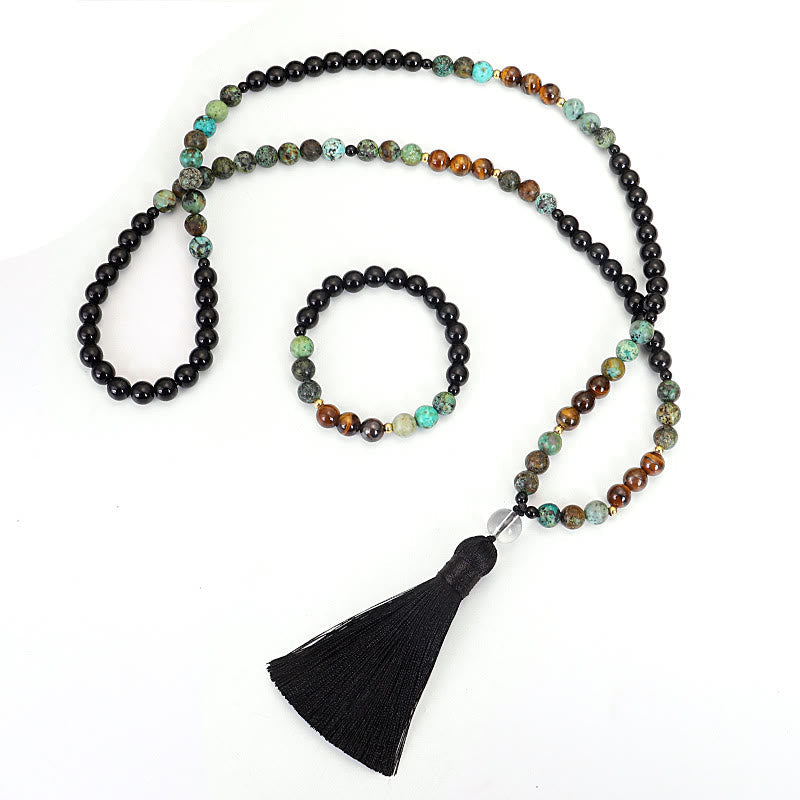 Nimara Ritual 108 Mala Beads Natural Stone Tiger Eye Turquoise Protection Strength Bracelet Necklace