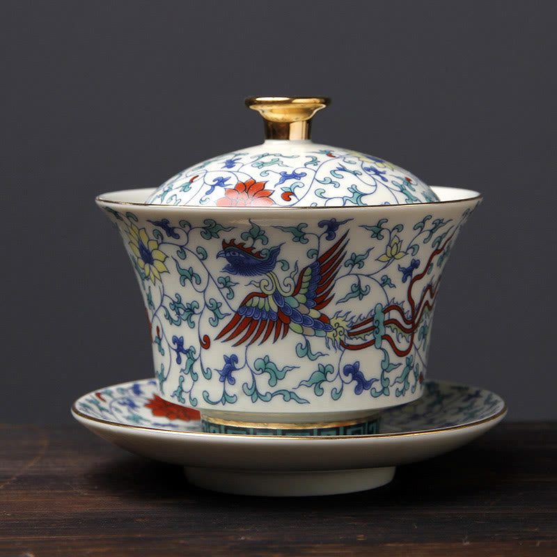 Nimara Ritual Retro Plum Blossom Pine Bamboo Phoenix Kirin Ceramic Gaiwan Sancai Teacup Kung Fu Tea Cup and Saucer with Lid