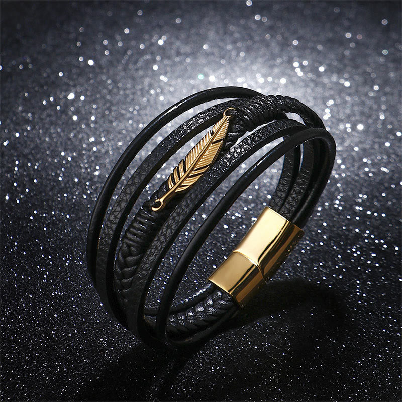 Nimara Ritual Feather Pattern Multilayer Leather Titanium Steel Calm Braided Magnetic Buckle Bracelet