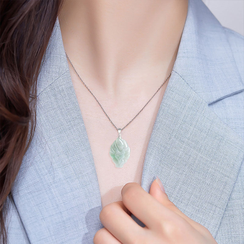 Nimara Ritual Natural Jade Nine Tailed Fox Prosperity Titanium Steel Chain Necklace Pendant