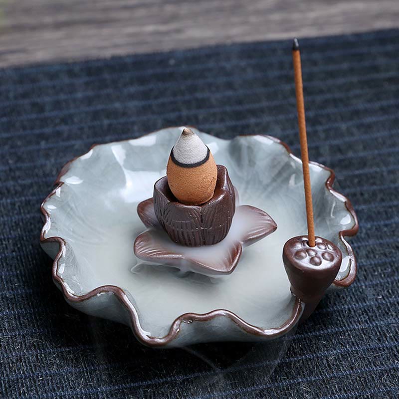Nimara Ritual Lotus Plum Blossom Square Ceramic Spiritual Backflow Incense Burner