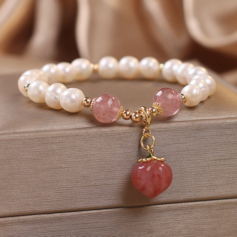 Nimara Ritual Natural Pearl Strawberry Quartz Peach Love Heart Wisdom Charm Bracelet