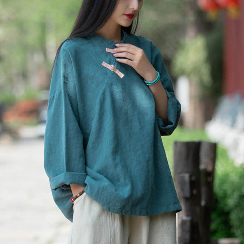 Nimara Ritual Ramie Linen Loose Blouse Women Long Sleeve Shirt Chinese Hanfu Top