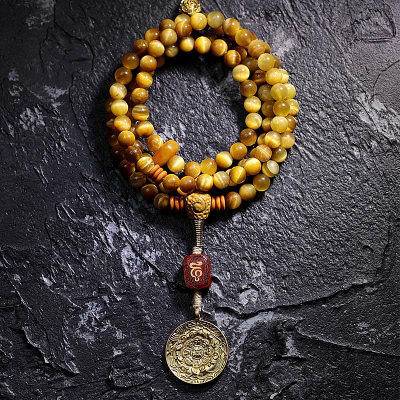 Nimara Ritual 108 Mala Beads Natural Tiger Eye Copper Dorje Protection Tassel Bracelet