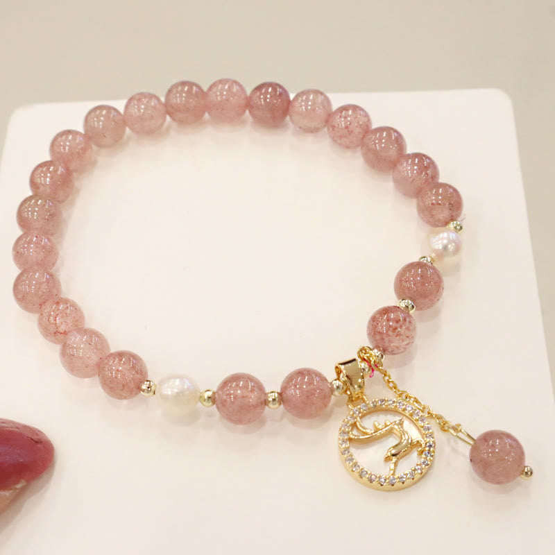 Nimara Ritual Strawberry Quartz Pearl Elk Smiley Face Fishtail Fu Character Charm Healing Bracelet
