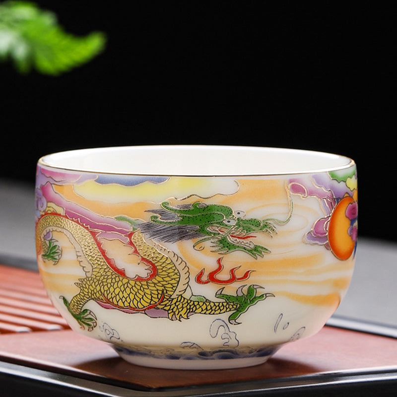 Nimara Ritual Dragon Phoenix Auspicious Clouds Sun Ocean Waves Ceramic Teacup Kung Fu Tea Cup